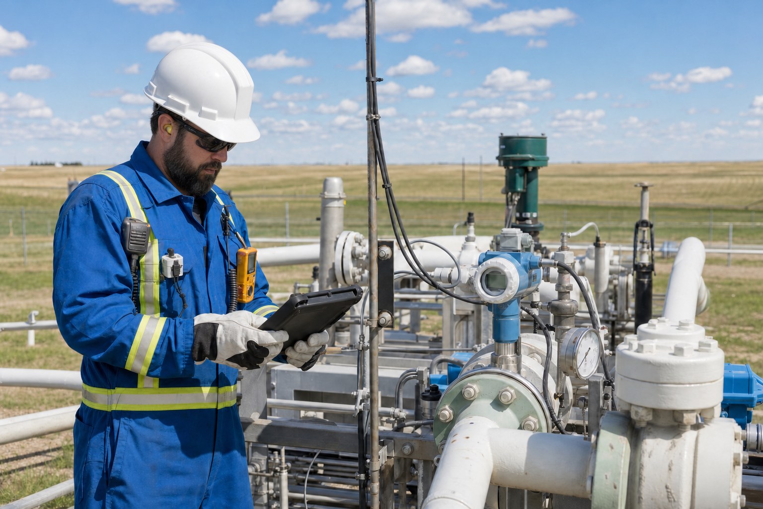 Oil and gas measurement technician documenting field equipment