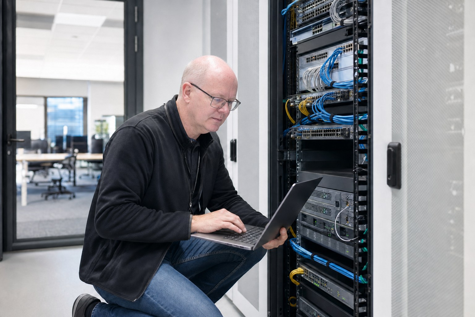 Managed IT technician maintaining business network equipment